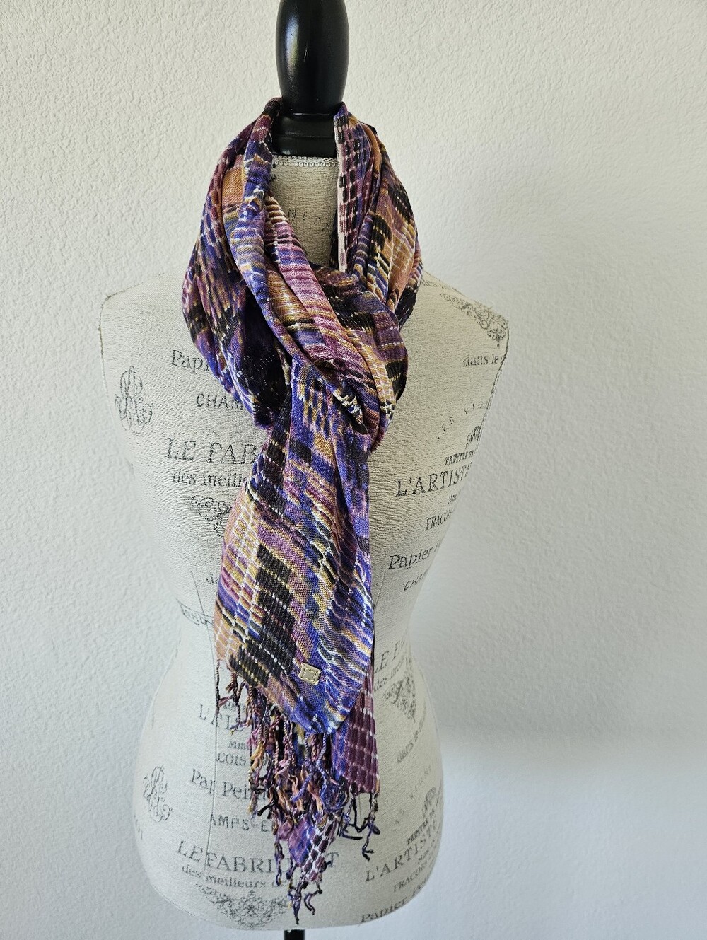 ​Liz Claiborne Abstract Ikat Plaid Wrap Scarf Purple Mustard Fringe Trim 72x28​